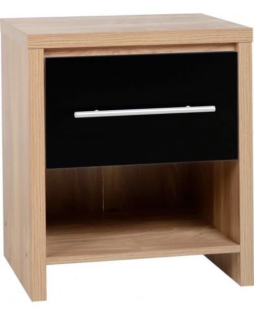 Seville 1 Drawer Bedside Cabinet Black High Gloss/Light Oak Effect Veneer