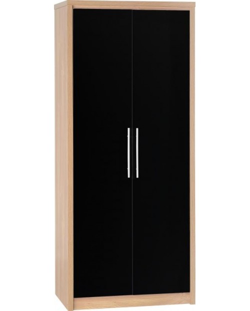Seville 2 Door Wardrobe Black High Gloss/Light Oak Effect Veneer