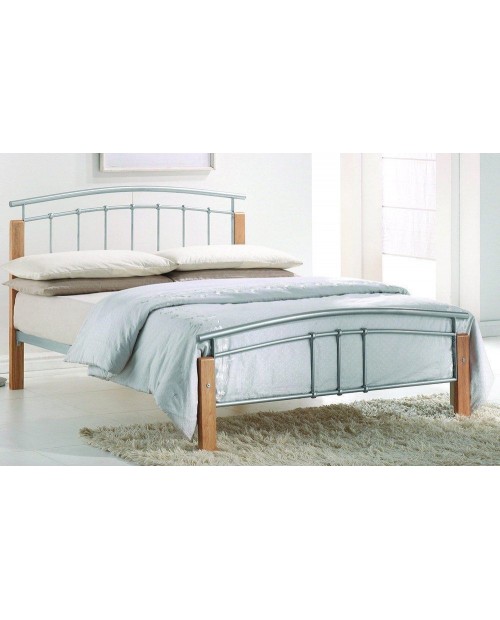 Tetras Silver Metal Bed Frame Double 4ft 6inch With Wooden Beech Legs