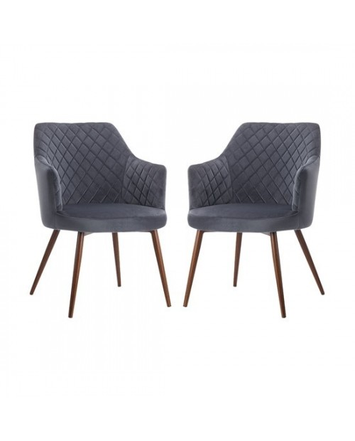 2 x Ackleton Grey Velvet Dining Chair In Pair With Walnut Metal Legs(Sold in pairs)