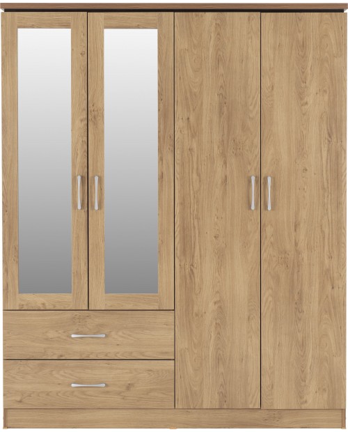 Charles 4 Door 2 Drawer Mirrored Wardrobe - Oak Effect