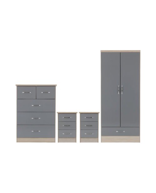 Nevada 2 Door 1 Drawer Wardrobe Bedroom Set Grey Gloss/Light Oak Effect Veneer
