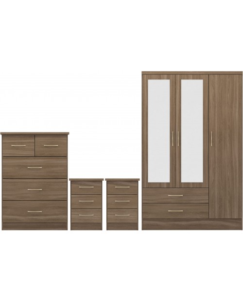Nevada 3 Door 2 Drawer Mirrored Wardrobe Bedroom Set Rustic Oak Effect