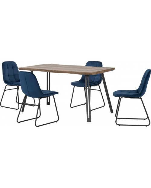 Quebec Wave Edge Dining Set with Lukas Chairs Medium Oak Effect/Black/Sapphire Blue Velvet