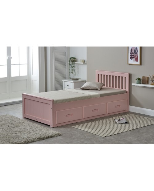 Mission 3FT Single Pine Storage Bed - Pink Wooden Bed Frame with 3 Drawers