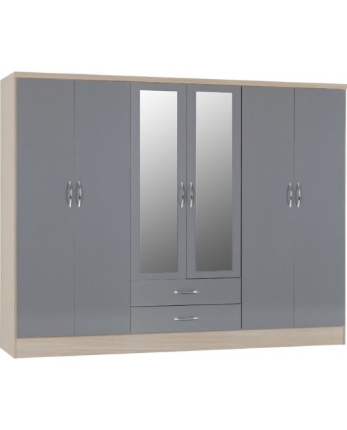 Nevada 6 Door 2 Drawer Mirrored Wardrobe Grey Gloss/Light Oak Effect Veneer