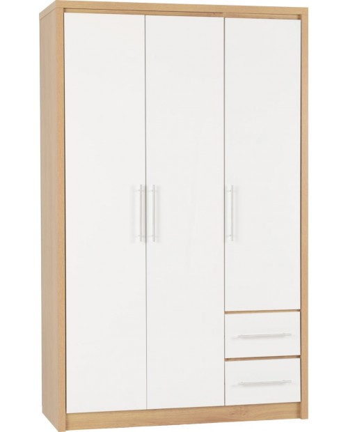 Seville 3 Door 2 Drawer Wardrobe White High Gloss/Light Oak Effect Veneer