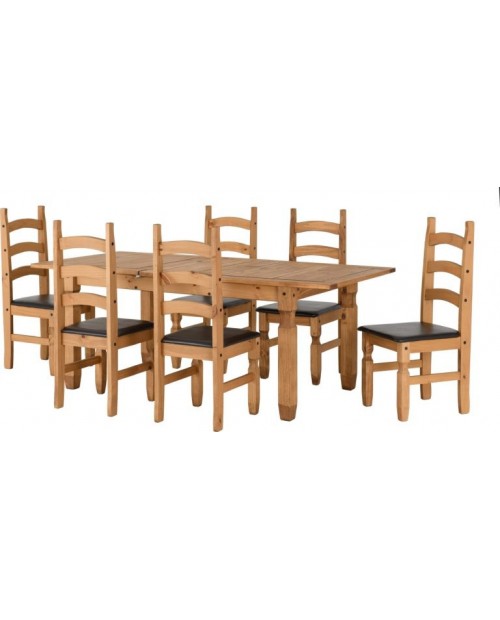 Corona Extending Dining Set in Distressed Waxed Pine/Brown Faux Leather
