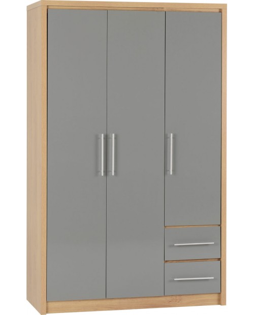 Seville 3 Door 2 Drawer Wardrobe Grey High Gloss Light Oak Effect Veneer