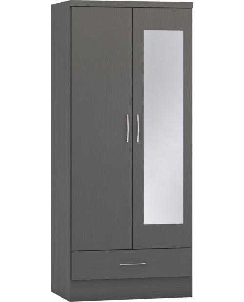 Nevada Mirrored 2 Door 1 Drawer Wardrobe 3D Effect Grey