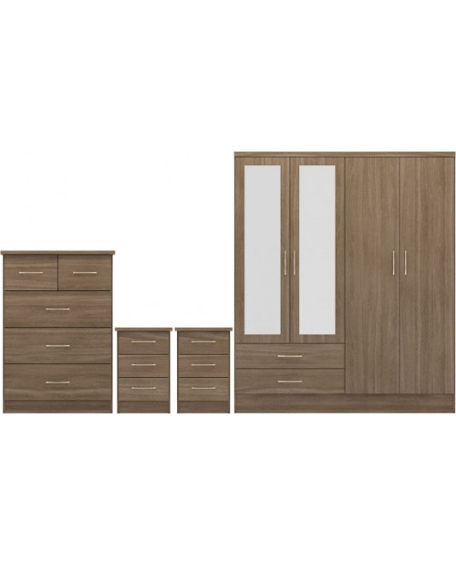 Nevada 4 Door 2 Drawer Mirrored Wardrobe Bedroom Set Rustic Oak Effect