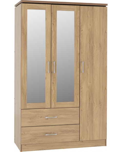 Charles 3 Door 2 Drawer Mirrored Wardrobe Oak Effect Veneer With Walnut Trim