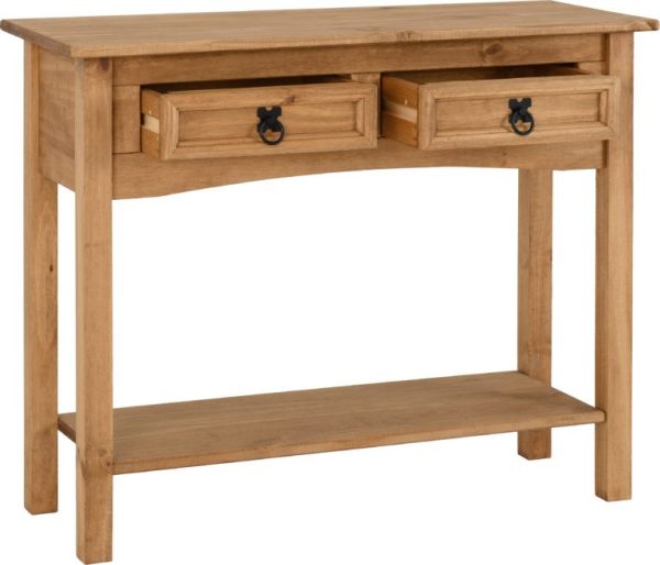 Corona 2 Drawer Console Table With Shelf Distressed Waxed Pine