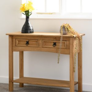 Corona 2 Drawer Console Table With Shelf Distressed Waxed Pine