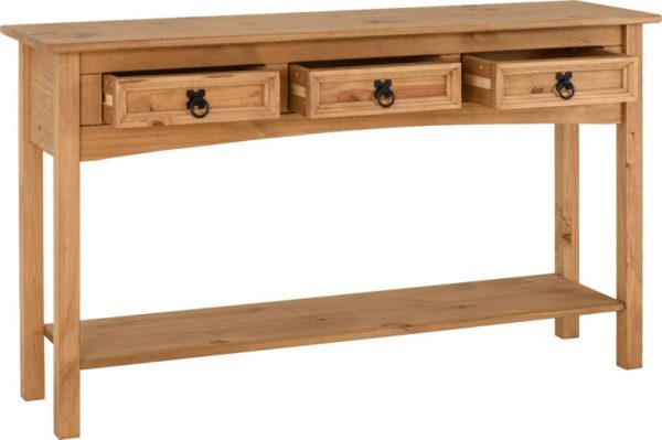 Corona 3 Drawer Console Table With Shelf Distressed Waxed Pine