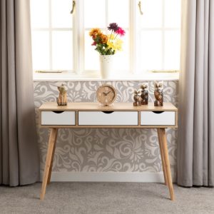 Seville 3 Drawer Console Table White High Gloss/Light Oak Effect Veneer