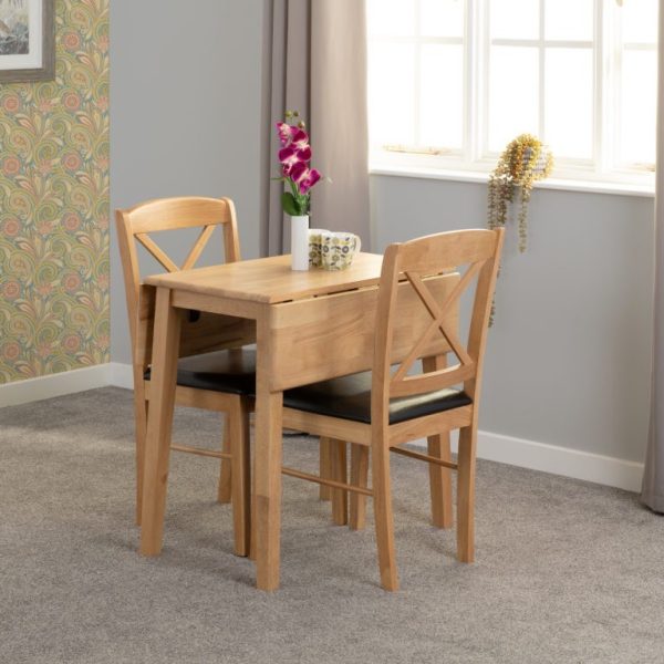 Mason Double Drop Leaf Dining Set Oak Varnish/Brown Faux Leather